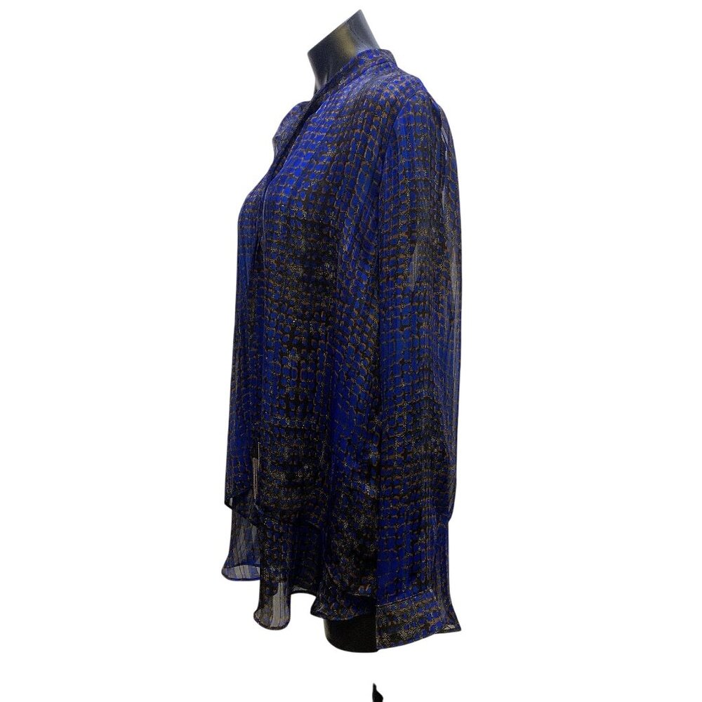 NWT Joseph Ribkoff Sheer Blue & Black Blouse w/Gold Fringe Detail Size 18 - Picture 5 of 8